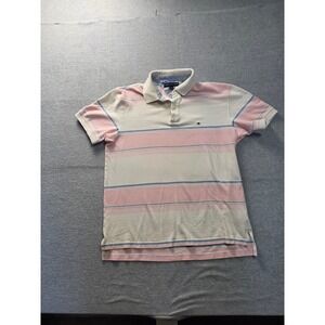 Tommy Hilfiger Mens Large Pink Blue White Striped Short Sleeve Cotton Polo Shirt